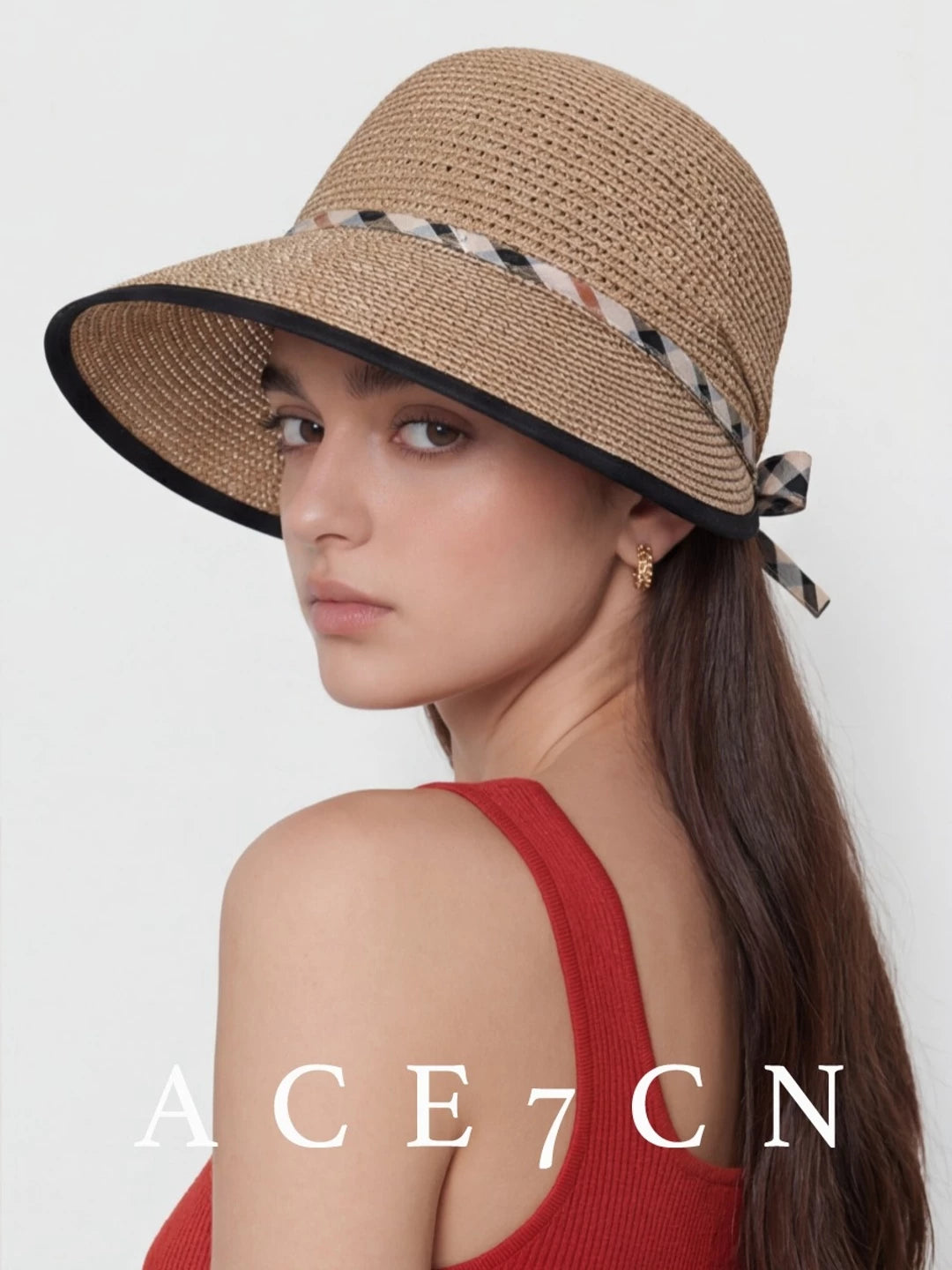 Plaid-Trim Wide-Brim Straw Sun Hat — ACE7CN
