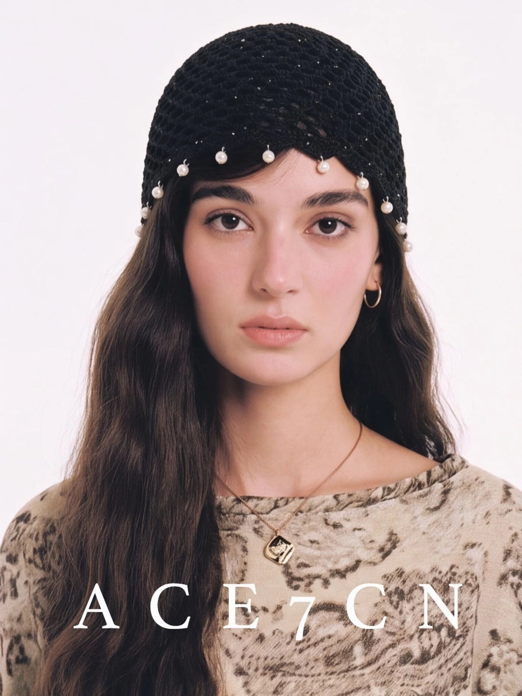 Pearl-Pendant Openwork Crochet Beanie — ACE7CN