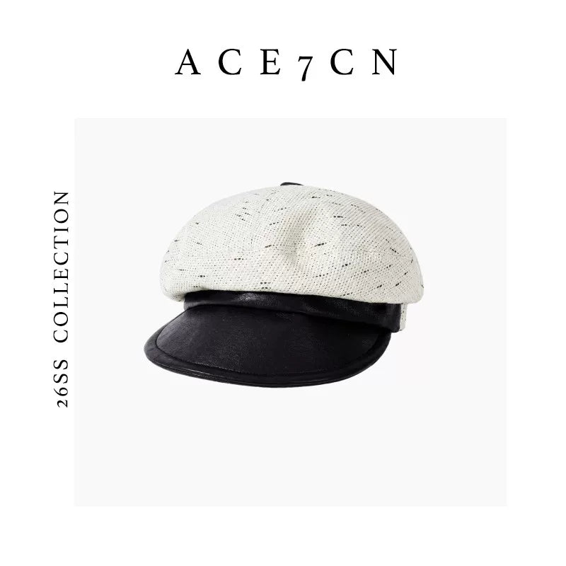 Leather-Peak Woven Newsboy Cap — ACE7CN
