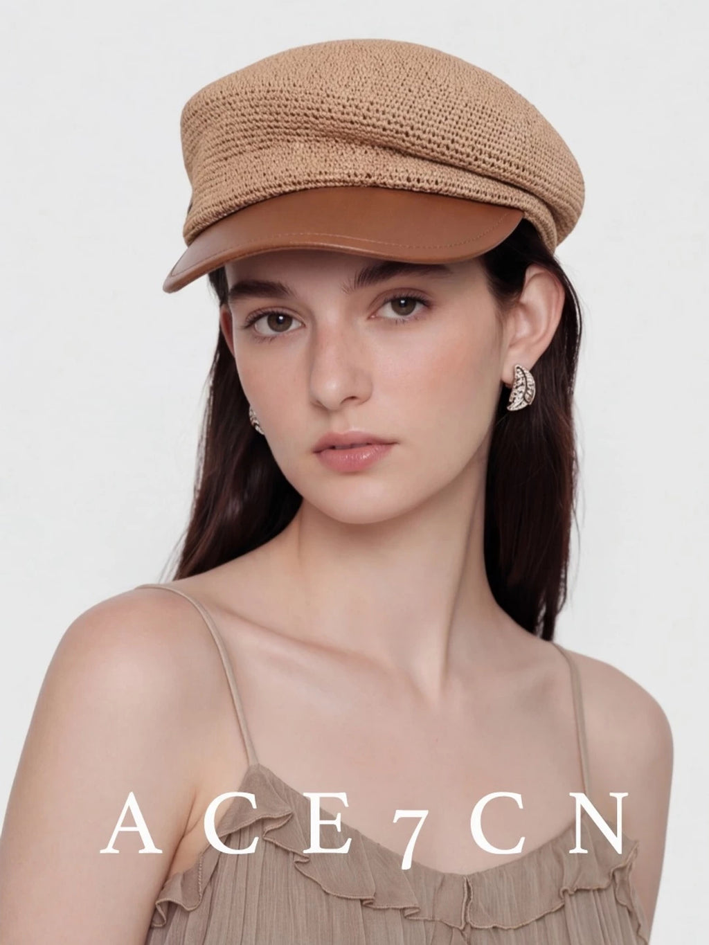 Leather-Peak Straw Newsboy Cap — ACE7CN