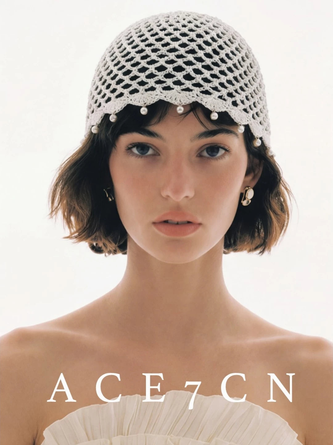 Pearl-Pendant Openwork Crochet Beanie — ACE7CN