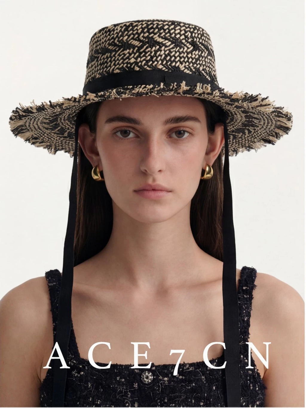 Tie-Strap Wide-Brim Straw Hat — ACE7CN