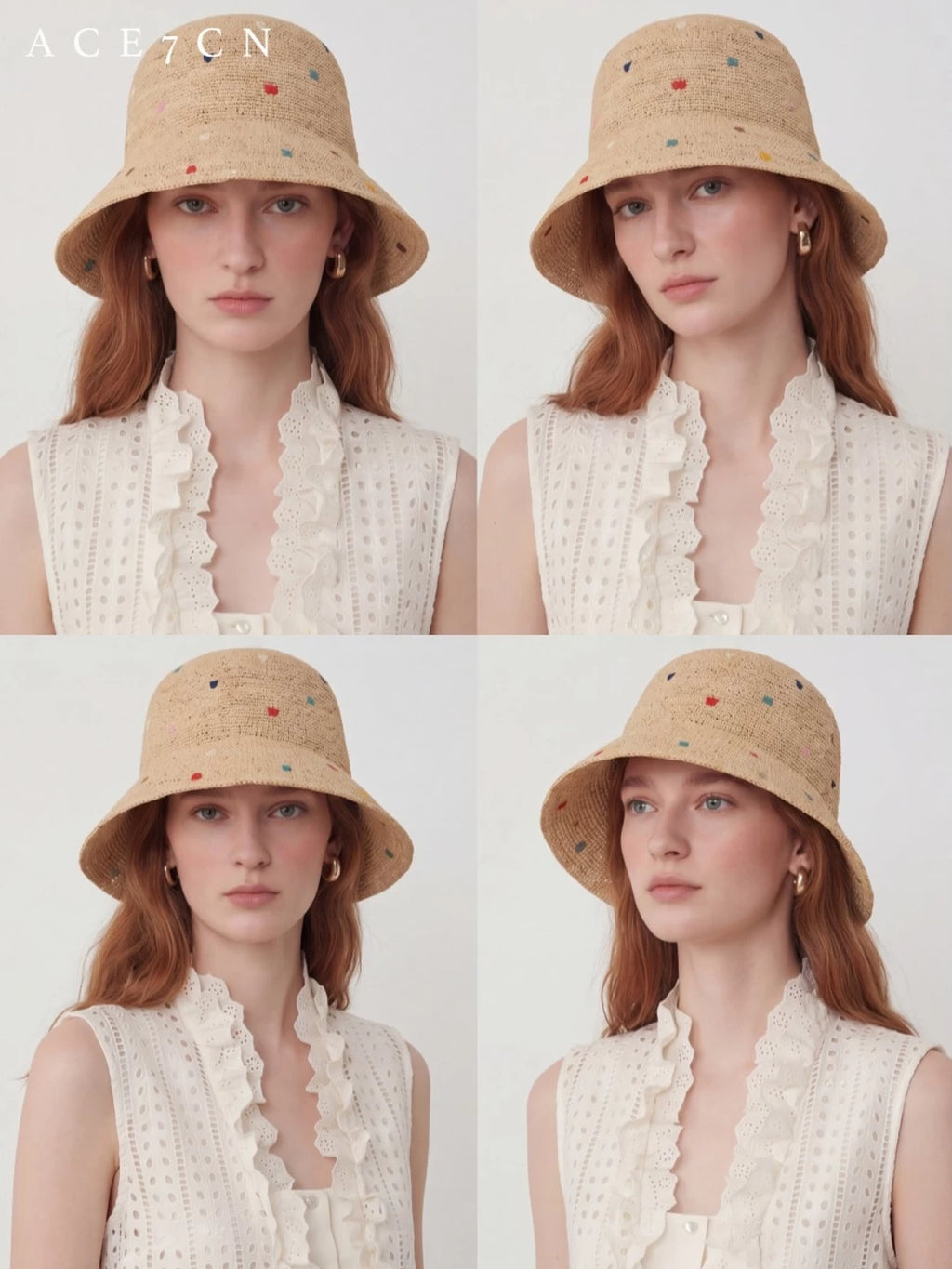 Embroidered Multi-Dot Raffia Bucket Hat — ACE7CN
