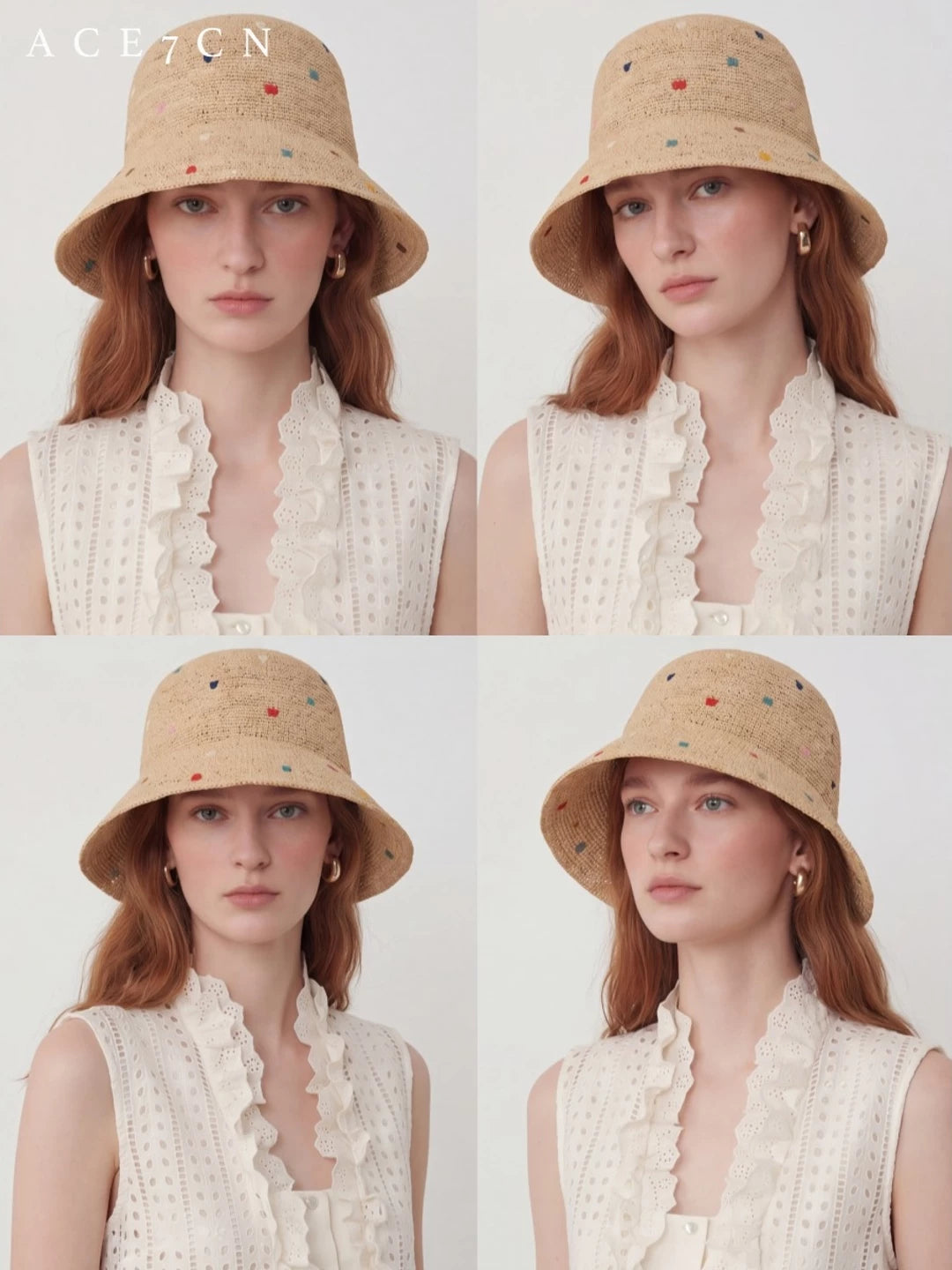 Embroidered Multi-Dot Raffia Bucket Hat — ACE7CN