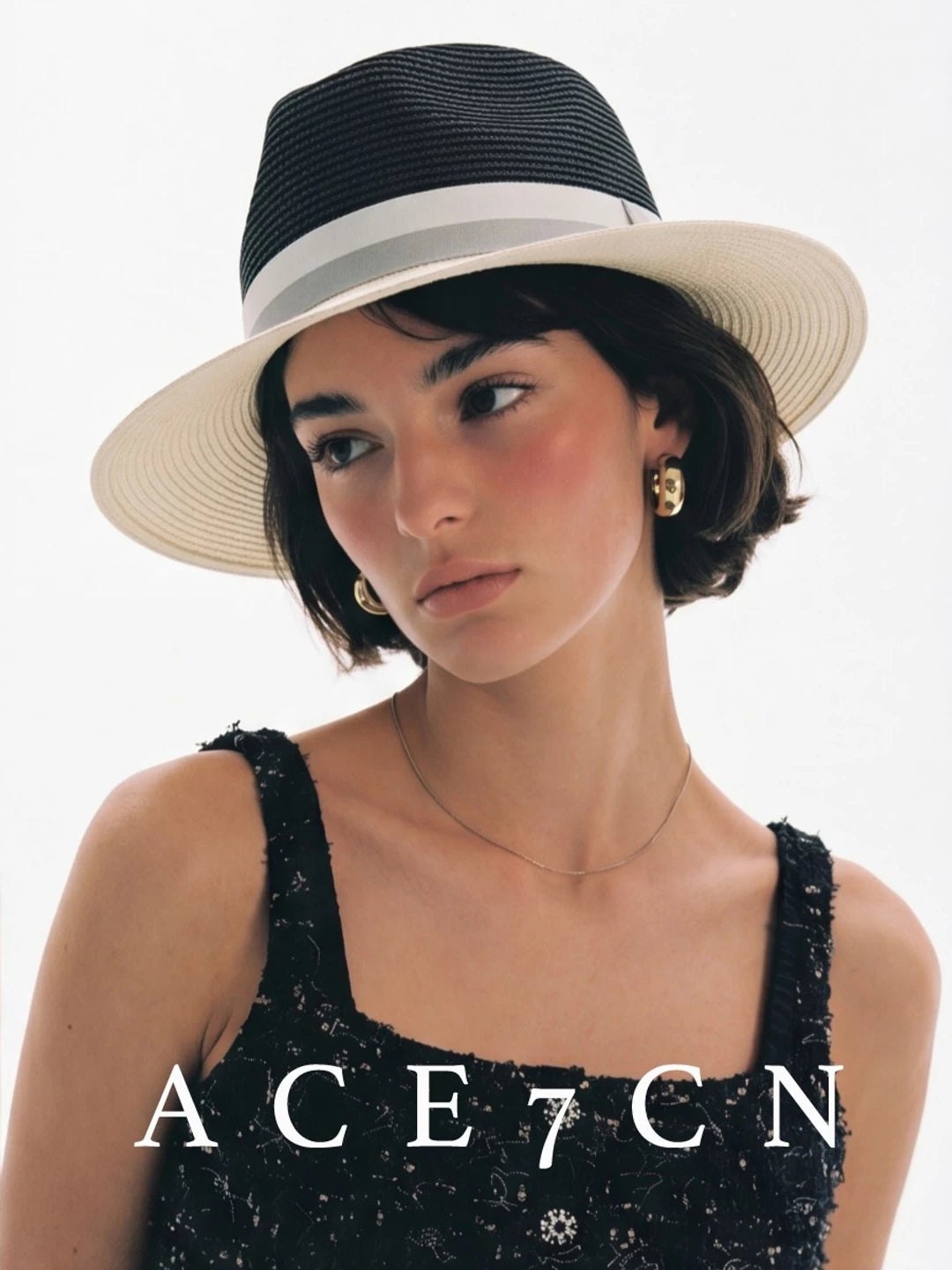 Color-Block Wide-Brim Straw Fedora — ACE7CN