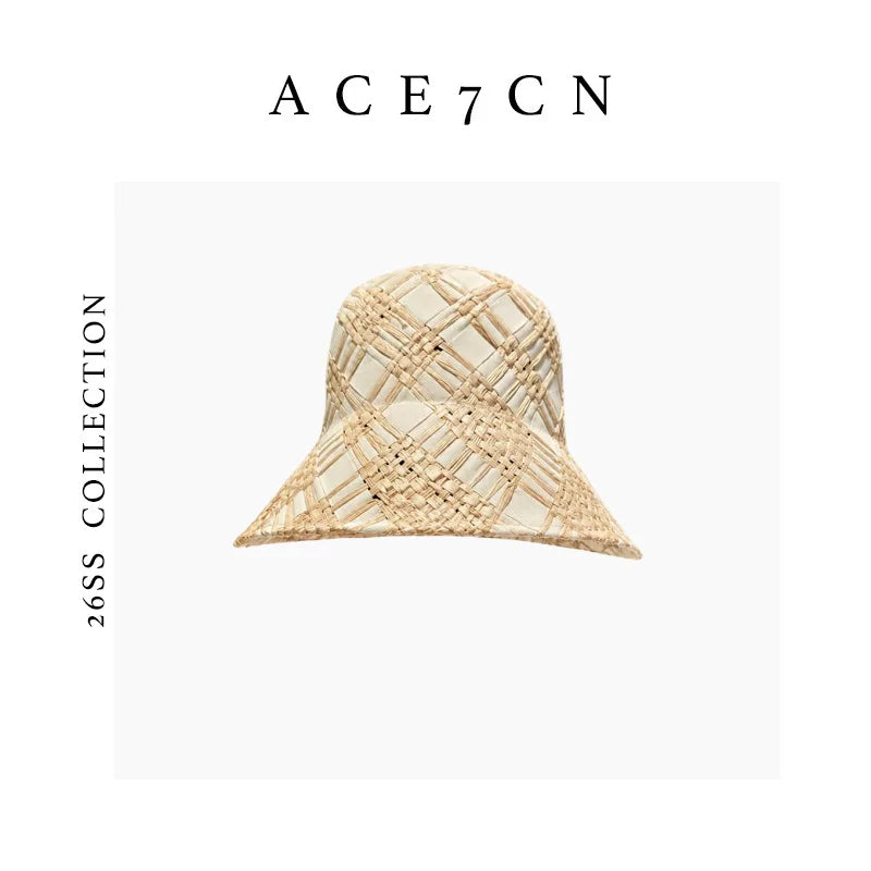 Plaid Color-Block Raffia Lampshade Hat — ACE7CN