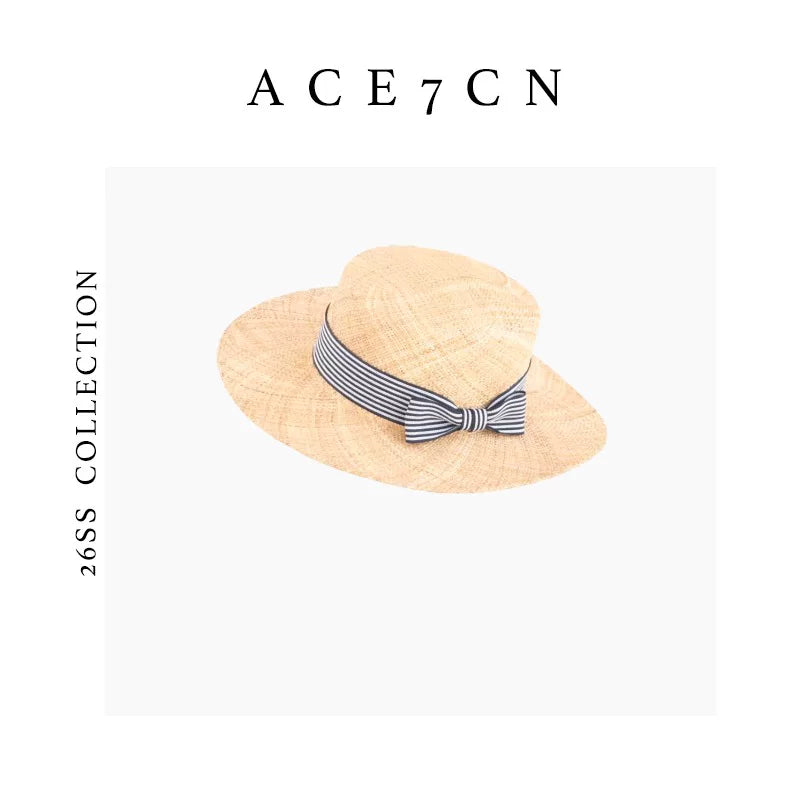 Plaid-Bow Woven Straw Fedora — ACE7CN
