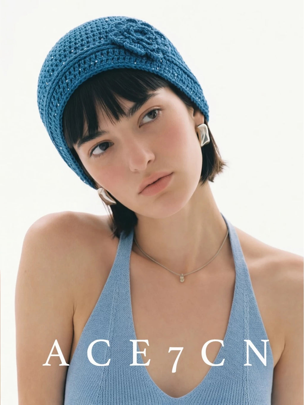 Crochet-Flower Glitter Knit Beanie — ACE7CN