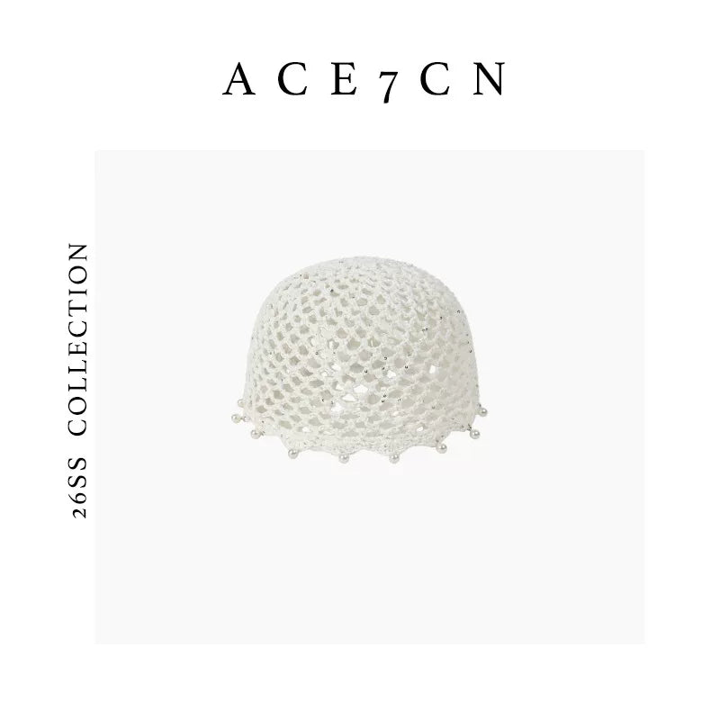 Pearl-Pendant Openwork Crochet Beanie — ACE7CN