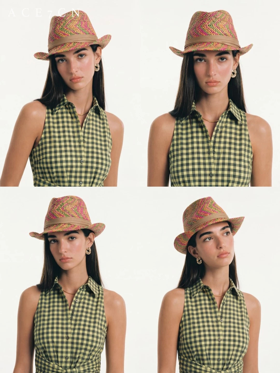Multicolor-Yarn Straw Western Fedora — ACE7CN