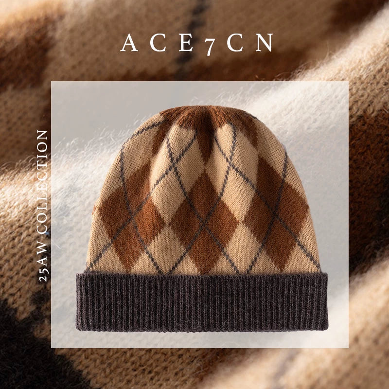 Yellow Argyle Cashmere Beanie — ACE7CN