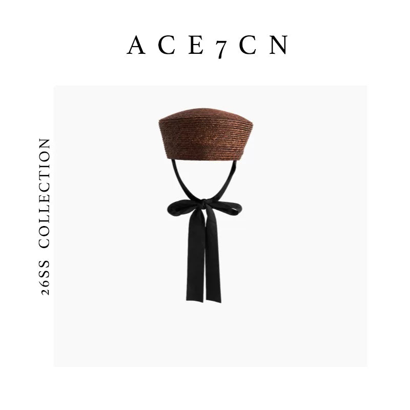 Tie-Strap Wheat-Straw Pillbox Hat — ACE7CN