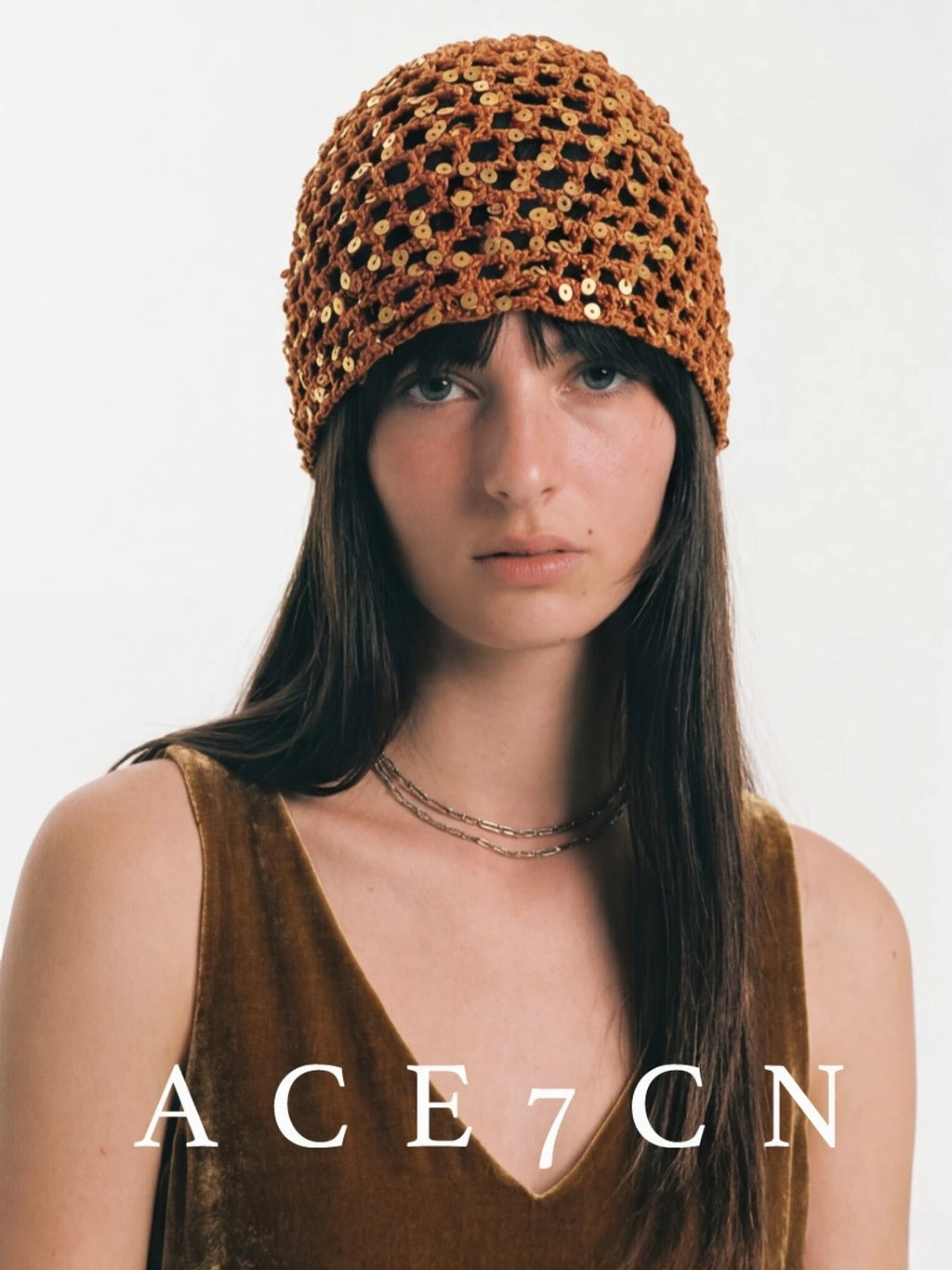 Glossy-Trim Openwork Crochet Hat — ACE7CN