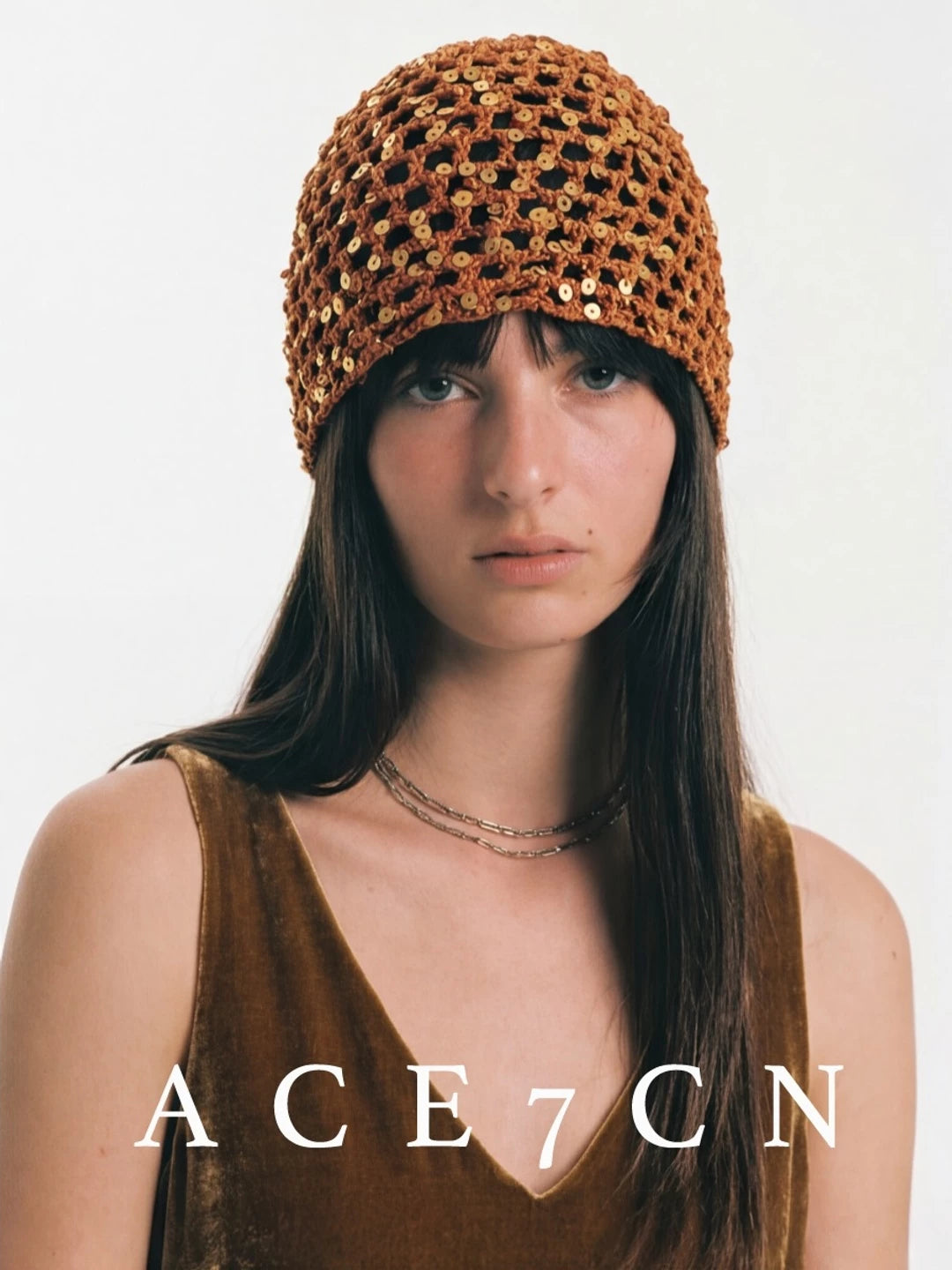 Glossy-Trim Openwork Crochet Hat — ACE7CN