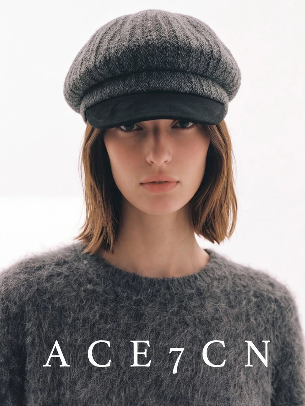 Leather-Peak Knit Newsboy Cap — ACE7CN