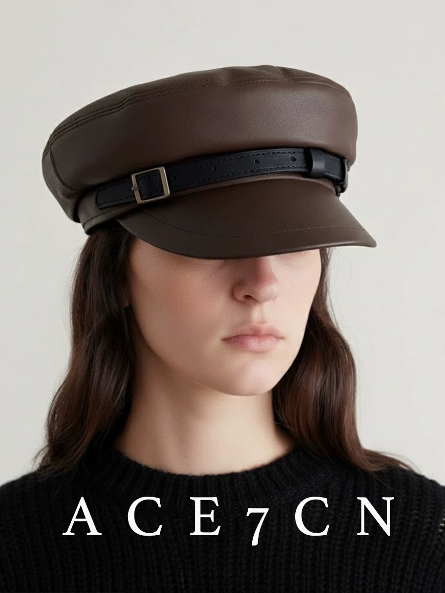 Metal-Buckle Leather Newsboy Cap — ACE7CN