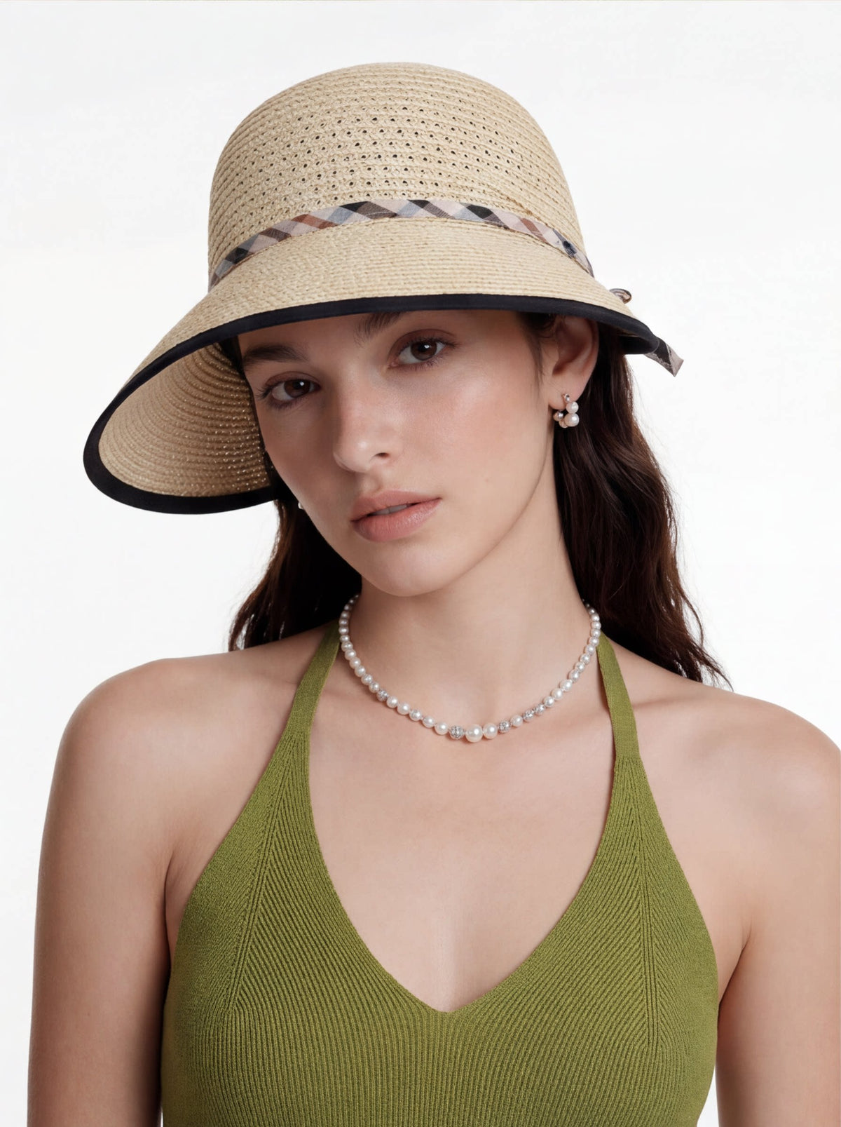 Plaid-Trim Wide-Brim Straw Sun Hat — ACE7CN