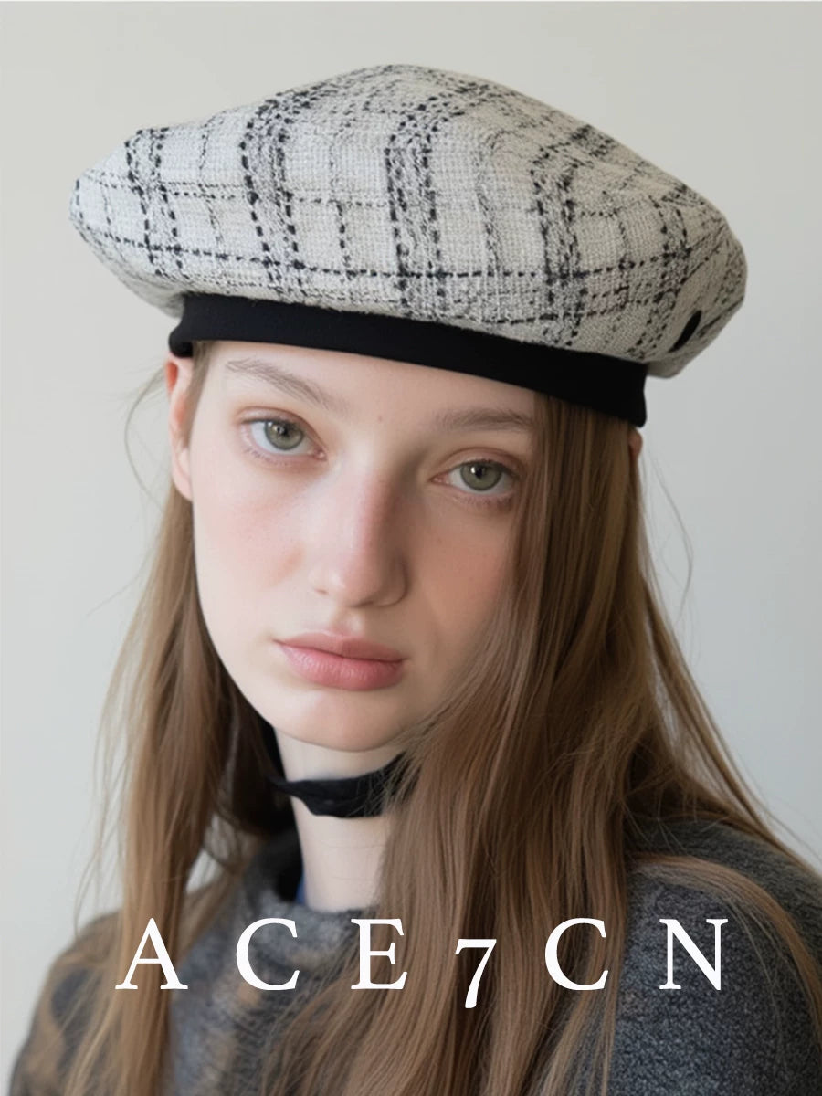 Classic Tweed Hat Japanese Plaid Beret Elegant
