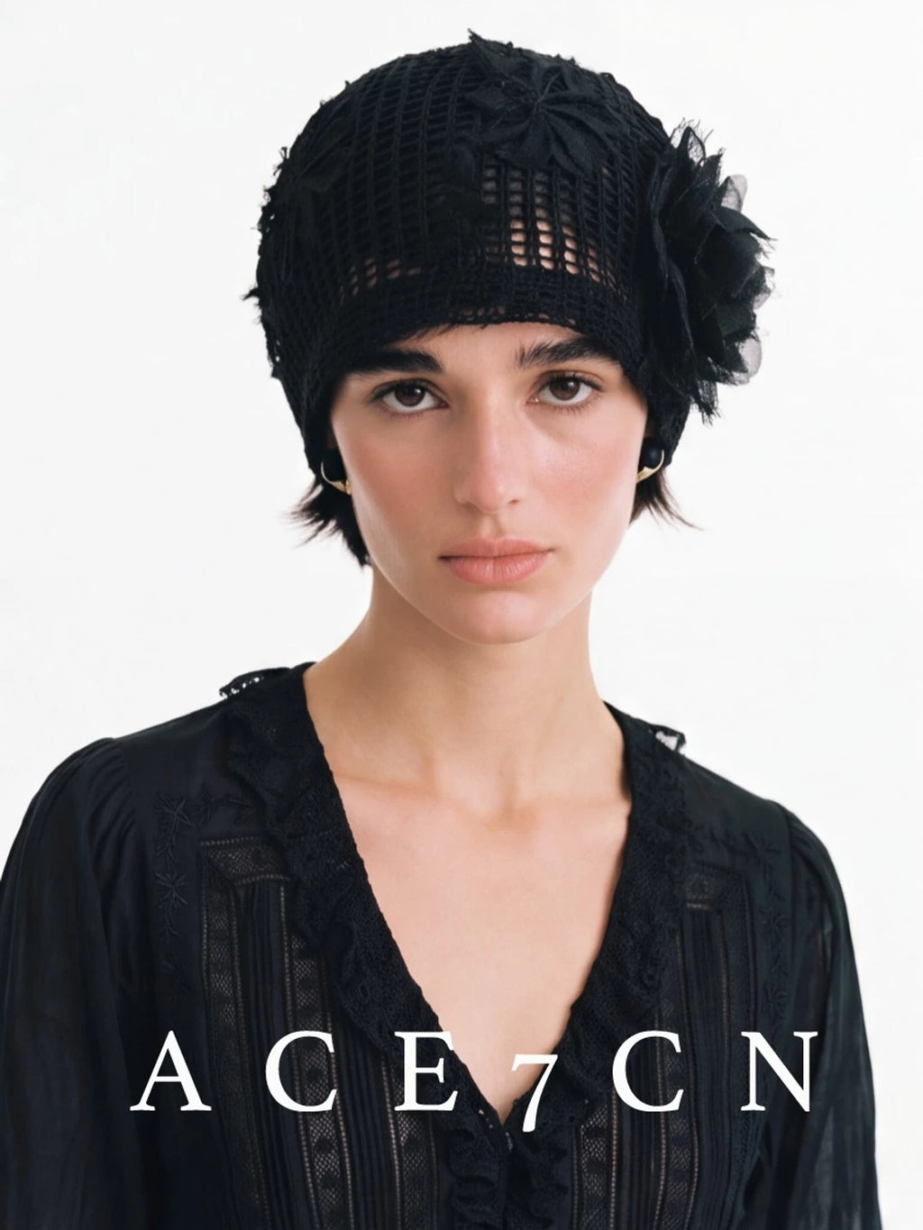 Floral Openwork Knit Head Scarf Hat — ACE7CN