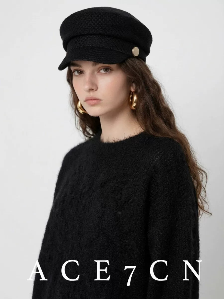 Vintage British Black Tweed Newsboy Cap Gold-Buckle