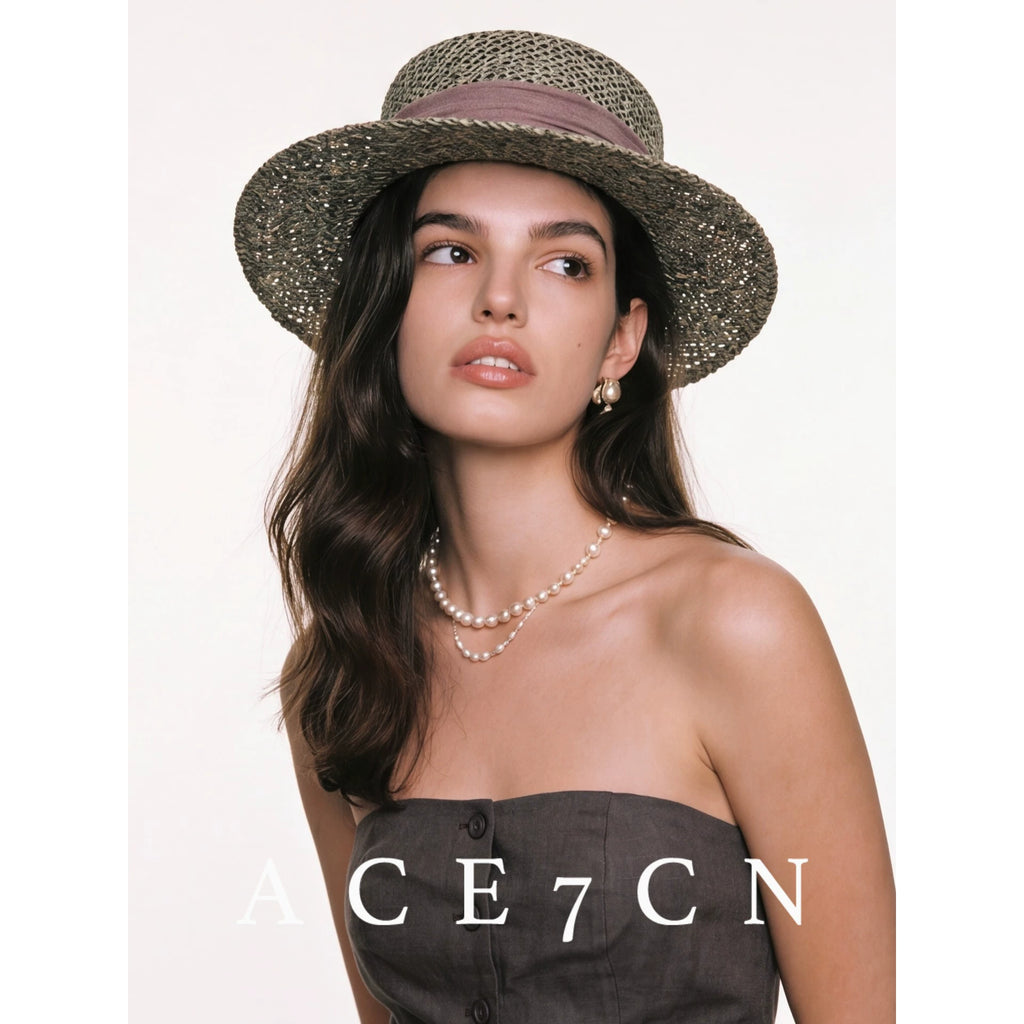 Ribbon-Trim Seagrass Flat-Top Boater — ACE7CN