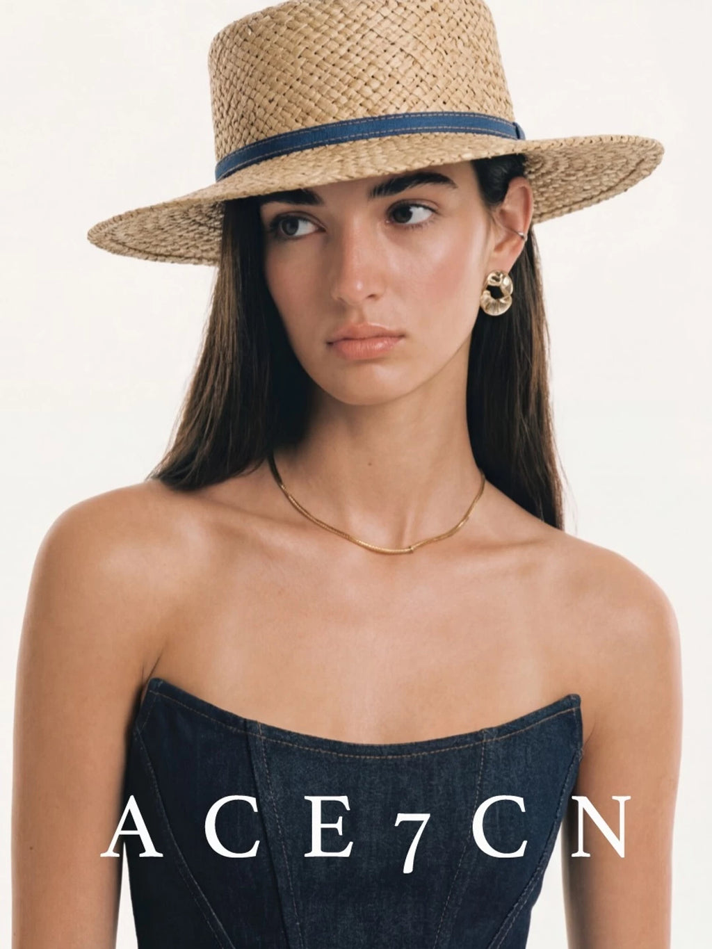Denim-Band Seagrass Flat-Top Boater — ACE7CN