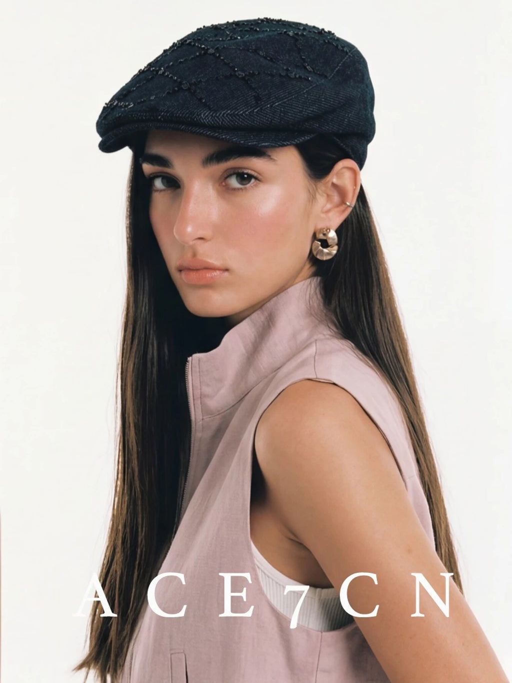 Diamond-Stitch Shimmer Denim Flat Cap — ACE7CN