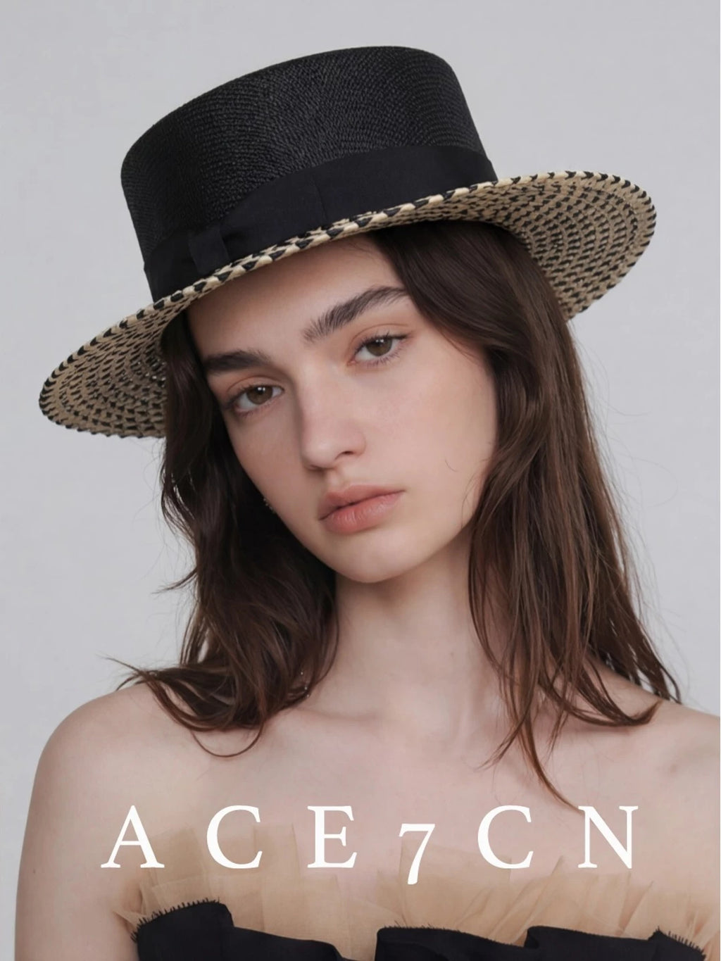 Two-Tone Wheat-Straw Flat-Top Boater — ACE7CN