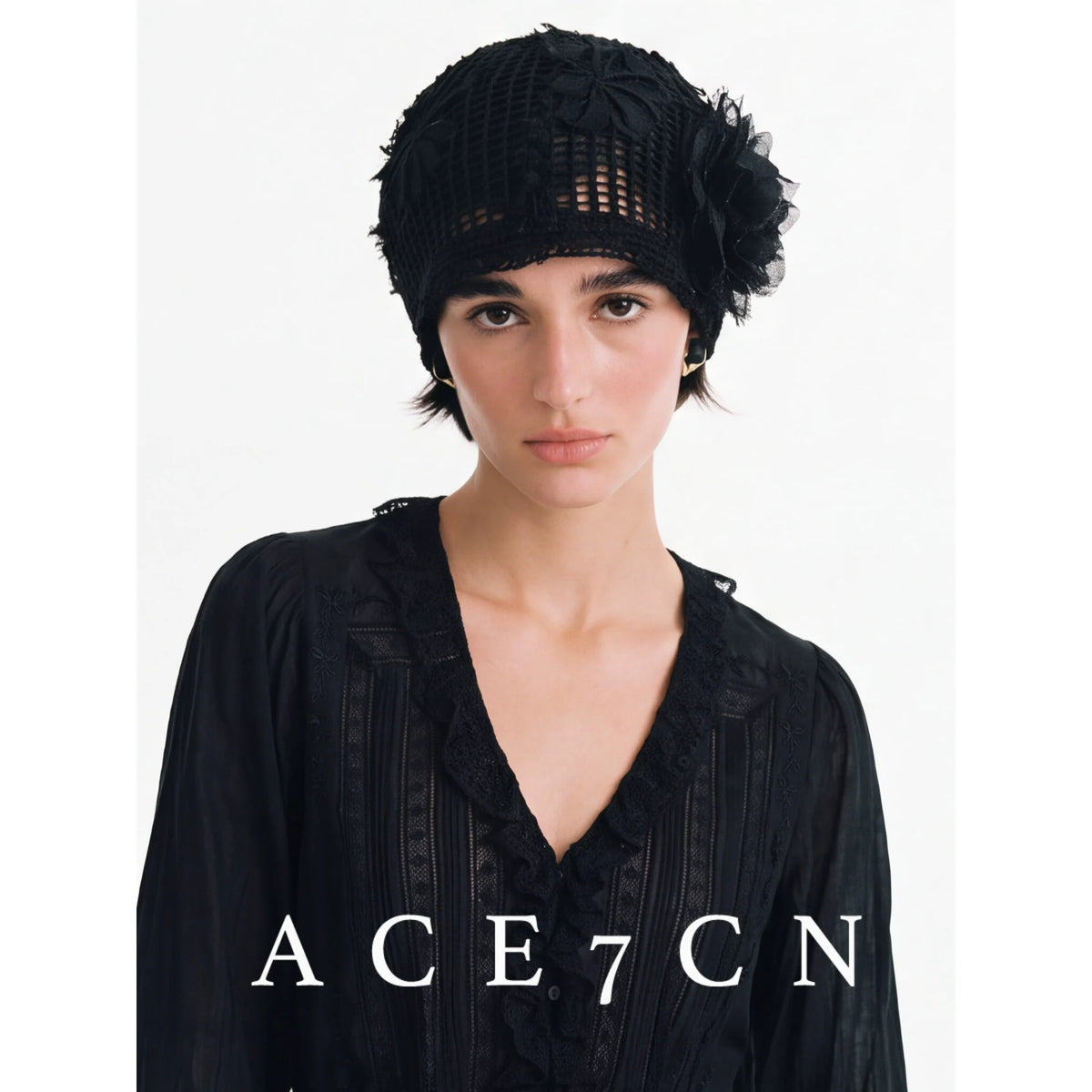 Floral Openwork Knit Head Scarf Hat — ACE7CN
