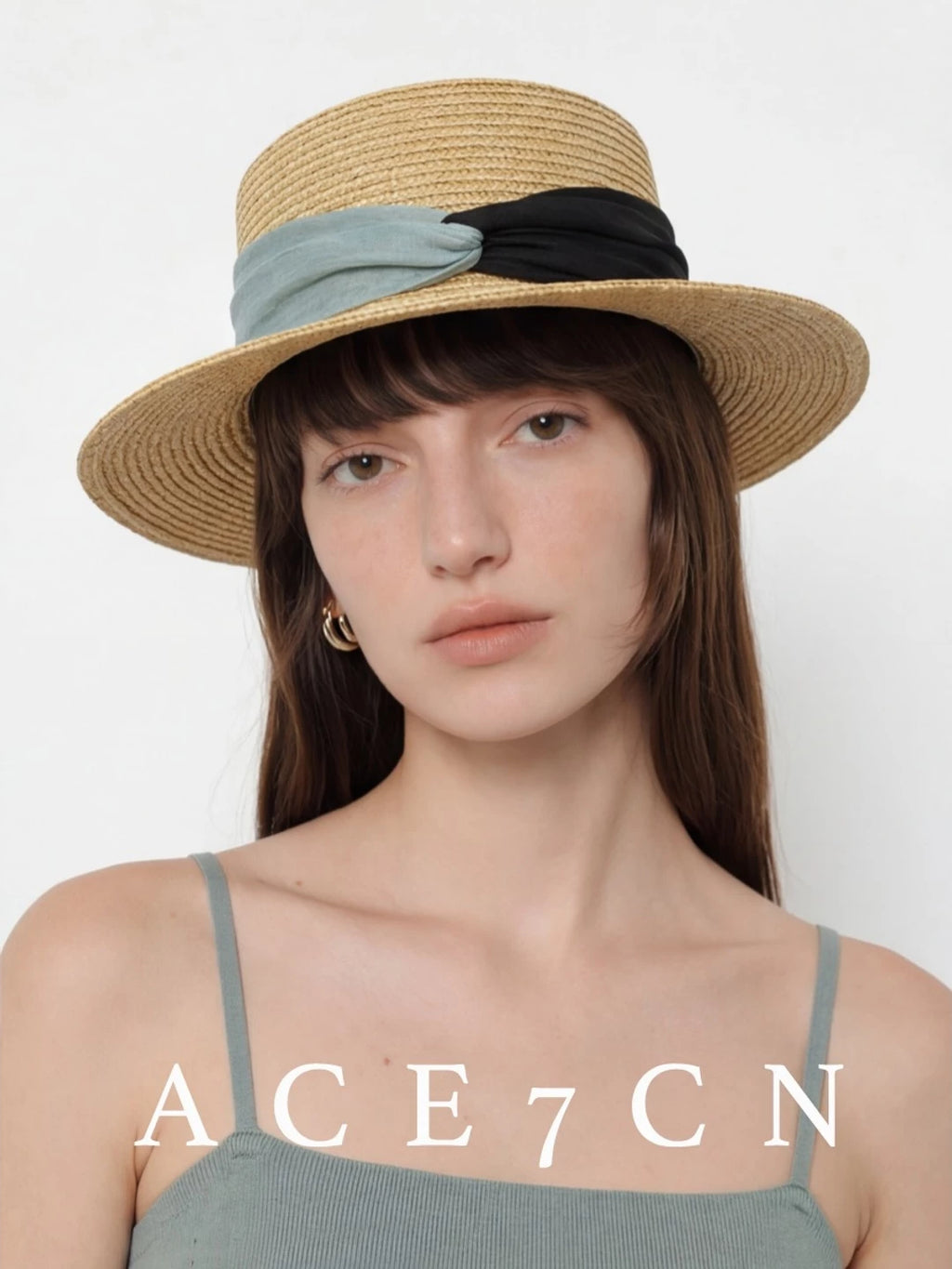 Contrast Ribbon Flat-Top Straw Boater — ACE7CN