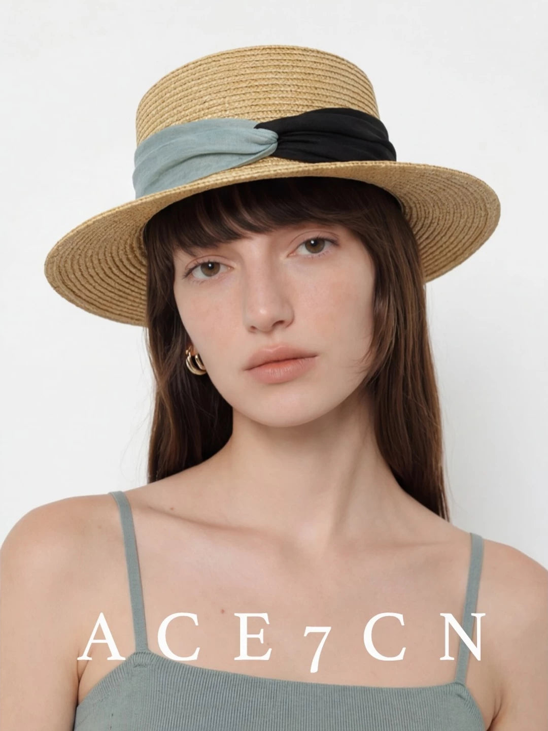 Contrast Ribbon Flat-Top Straw Boater — ACE7CN