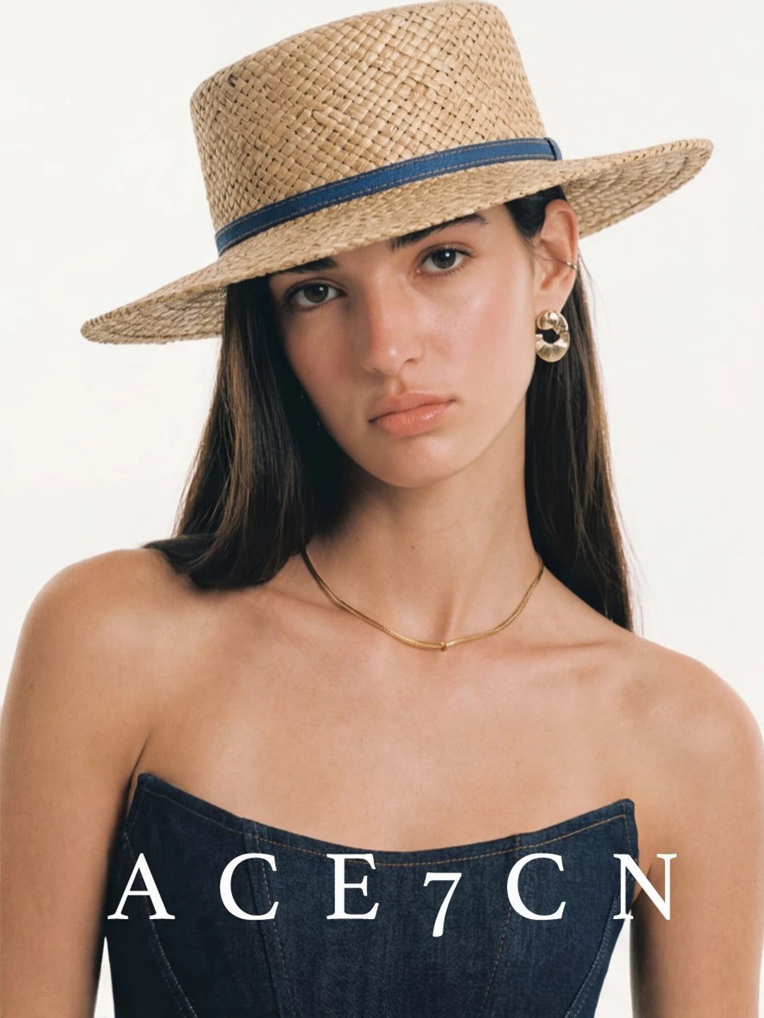 Denim-Band Seagrass Flat-Top Boater — ACE7CN