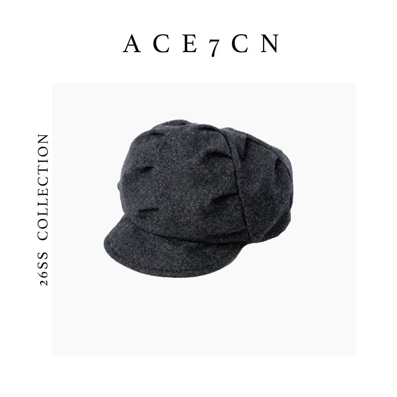 Twisted-Pleat Wool Tweed Newsboy Cap — ACE7CN