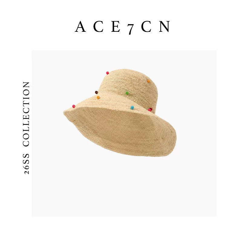 Foldable Multi-Dot Raffia Bucket Hat — ACE7CN