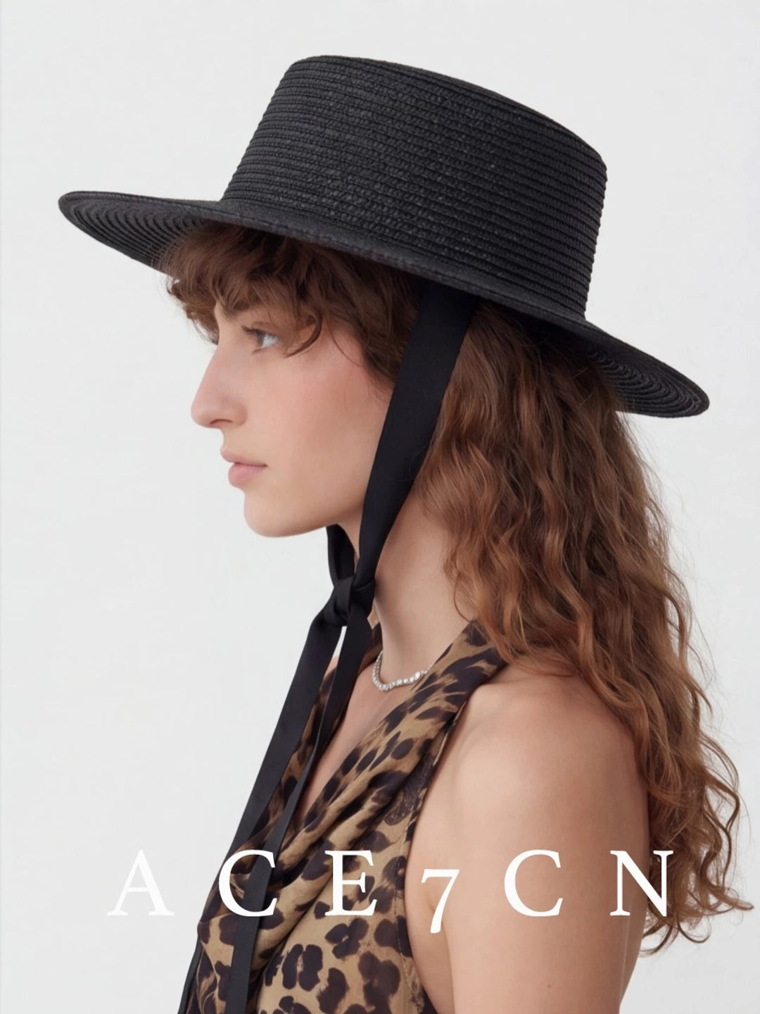 Black Tie-Strap Wide-Brim Straw Fedora — ACE7CN