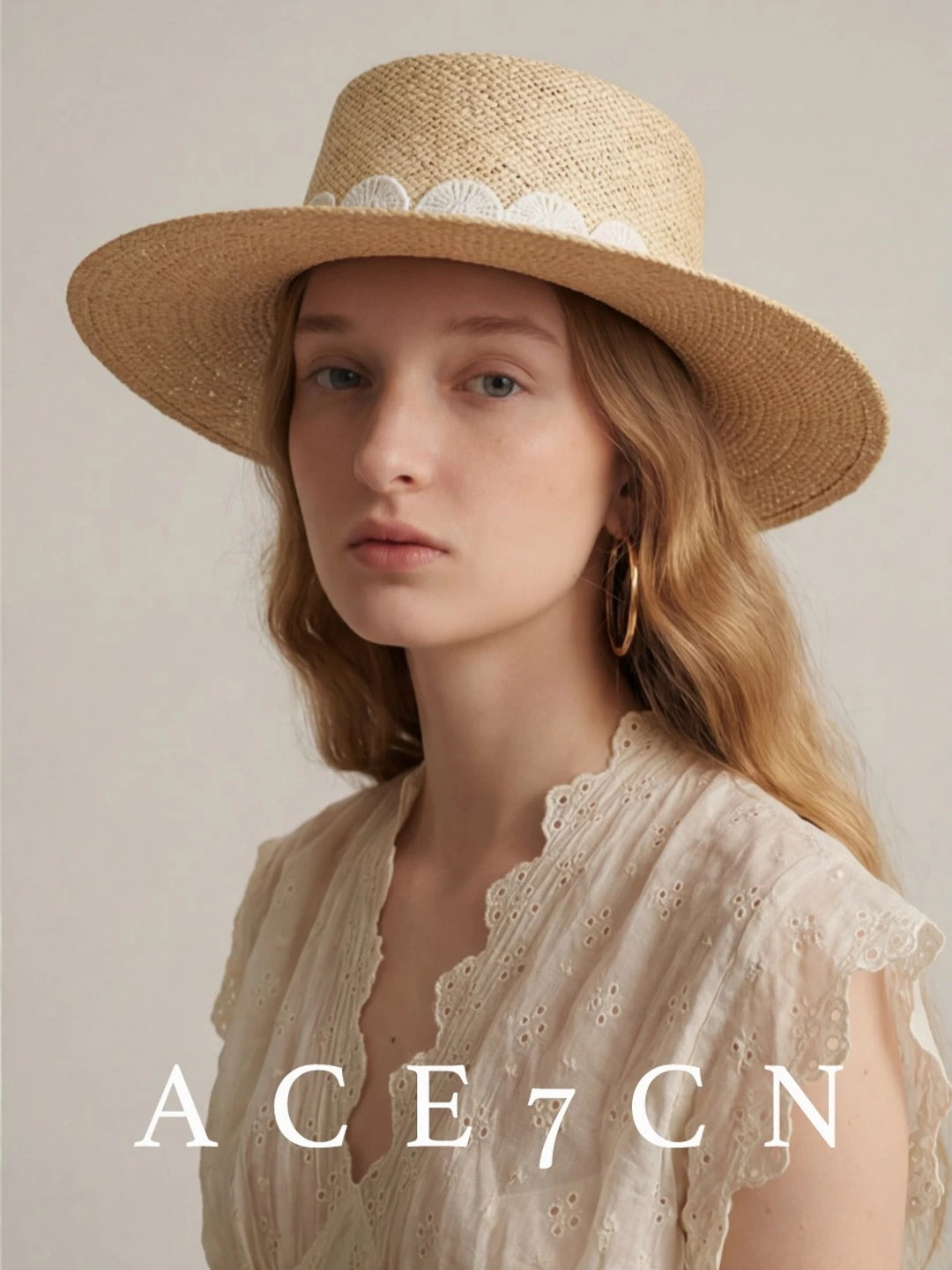 Lace-Trim Straw Panama Hat — ACE7CN