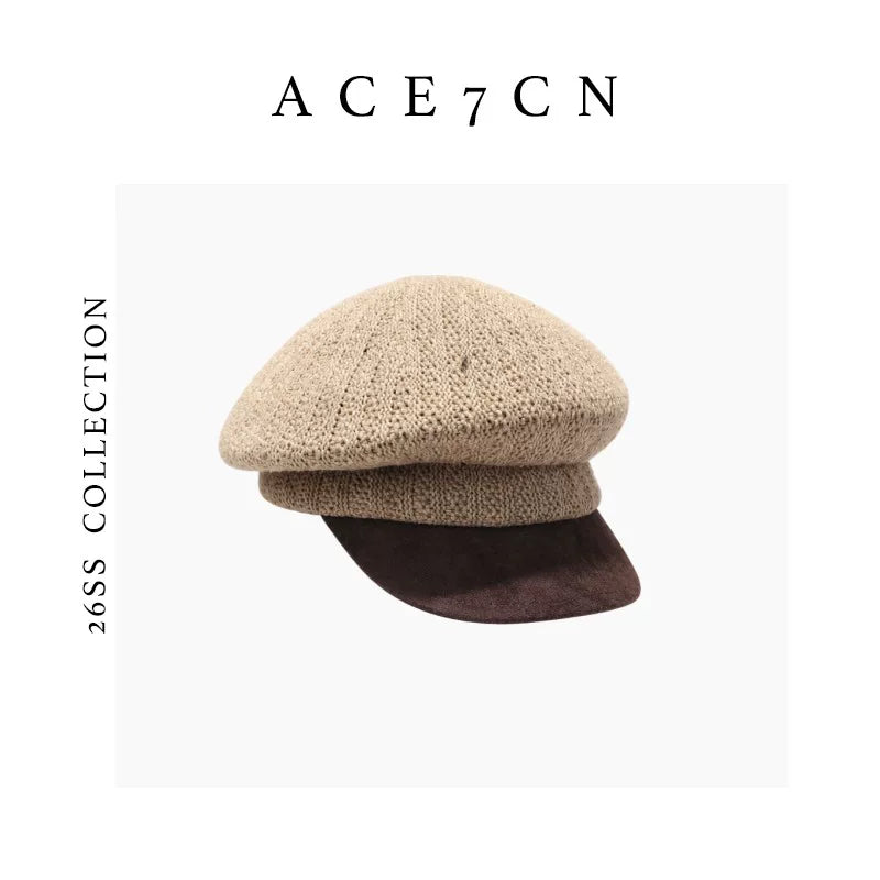 Leather-Peak Knit Newsboy Cap — ACE7CN