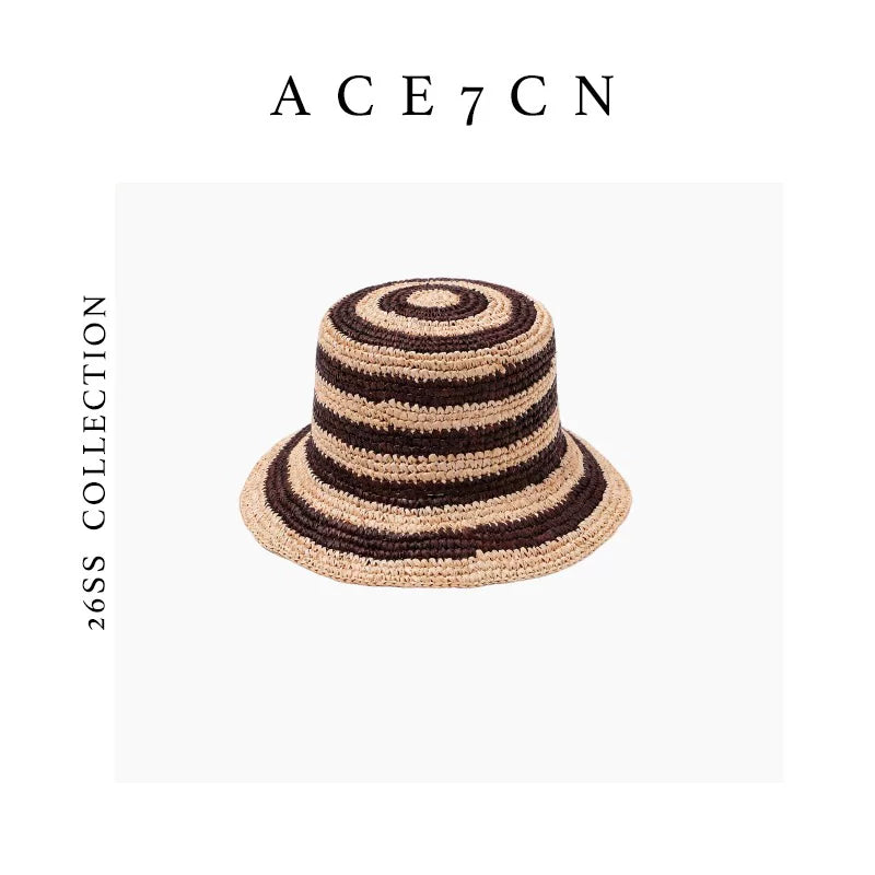 Striped Hand-Woven Raffia Bucket Hat — ACE7CN