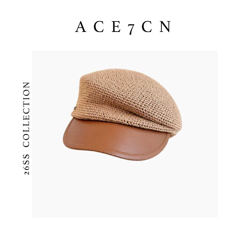 Leather-Peak Straw Newsboy Cap — ACE7CN