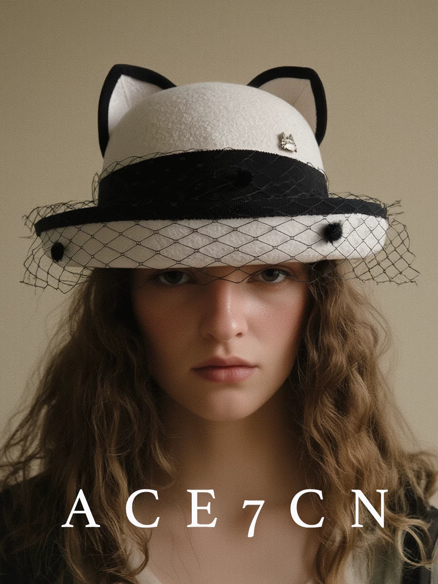 Veiled Cat-Ear Wool Fedora — ACE7CN
