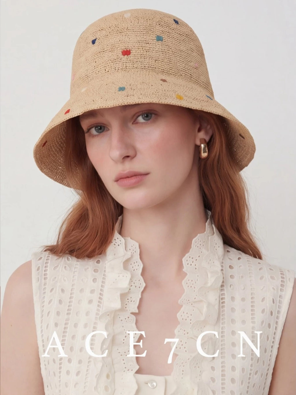 Embroidered Multi-Dot Raffia Bucket Hat — ACE7CN