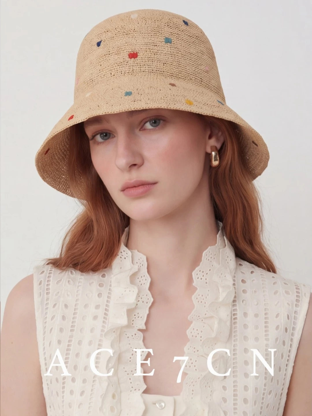 Embroidered Multi-Dot Raffia Bucket Hat — ACE7CN
