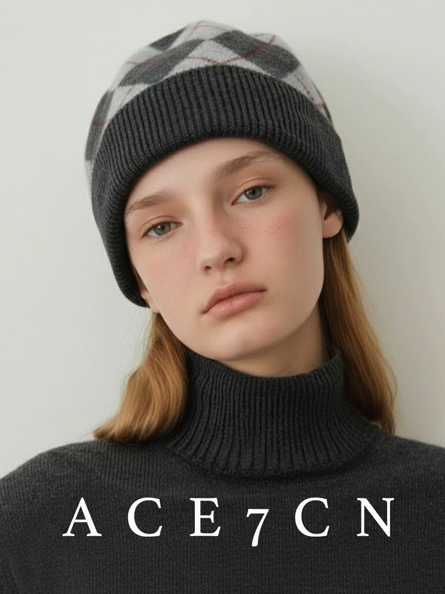 Gray Argyle Cashmere Beanie — ACE7CN