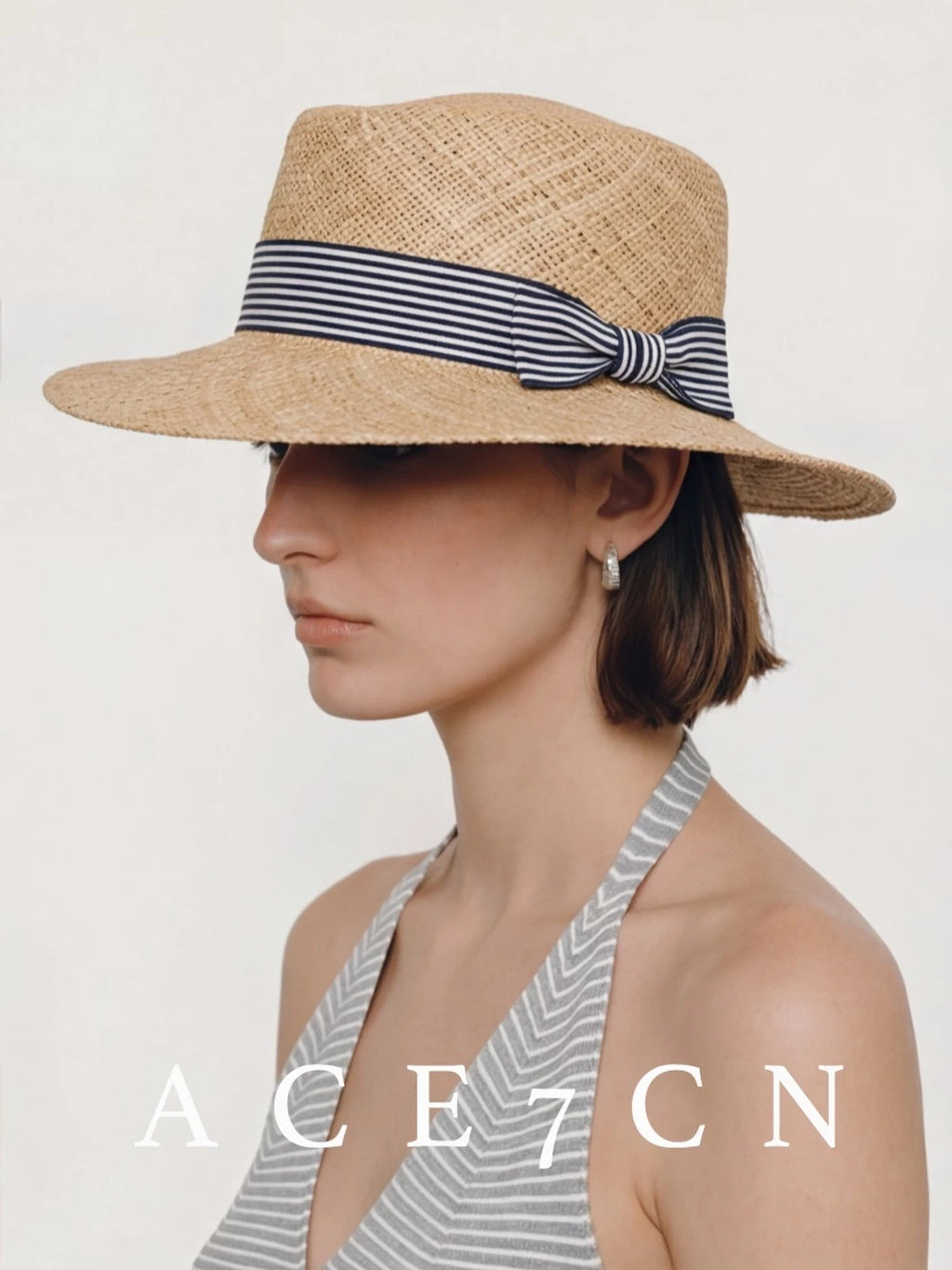 Plaid-Bow Woven Straw Fedora — ACE7CN