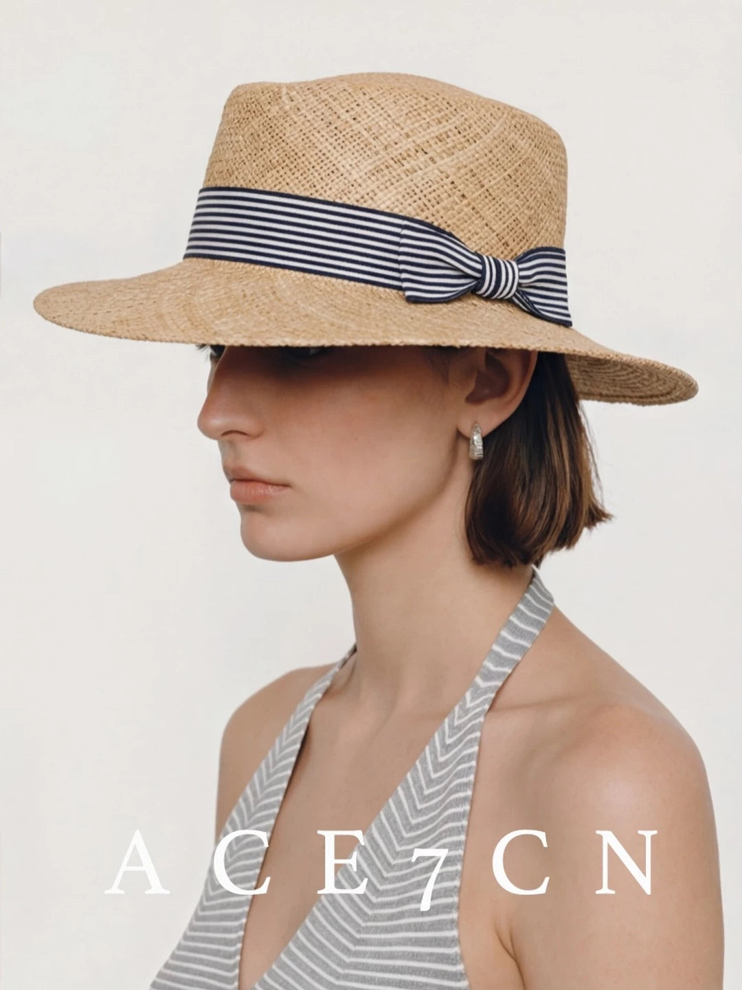 Plaid-Bow Woven Straw Fedora — ACE7CN