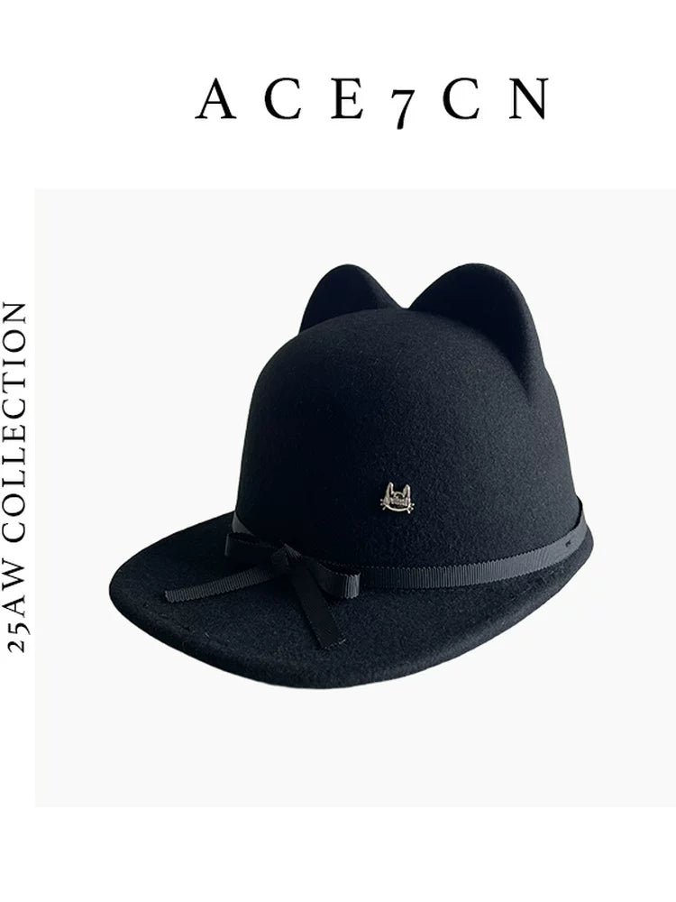Ribbon-Trim Cat-Ear Wool Equestrian Cap — ACE7CN