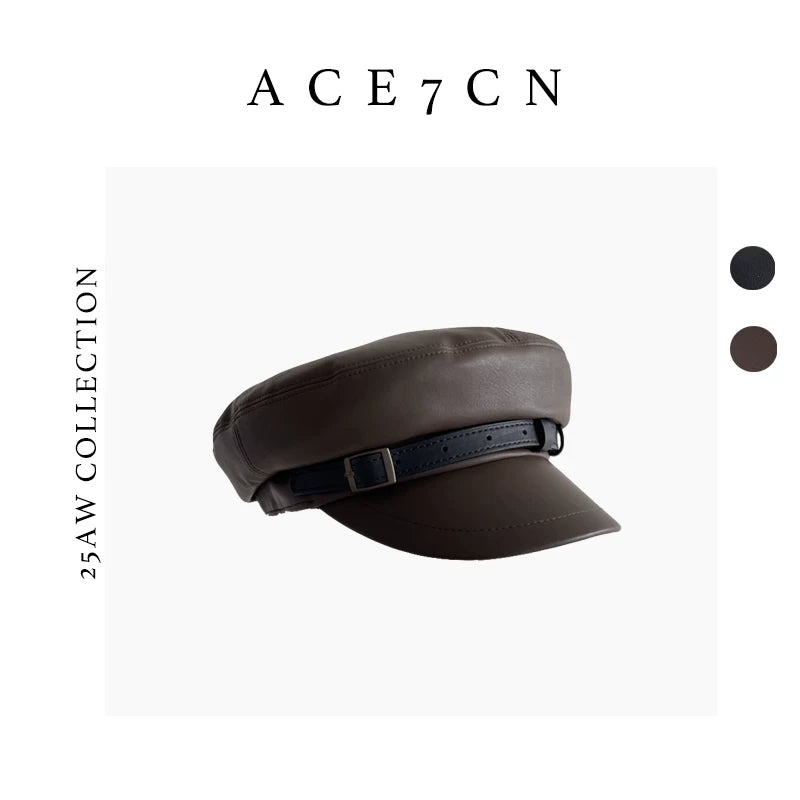 Metal-Buckle Leather Newsboy Cap — ACE7CN