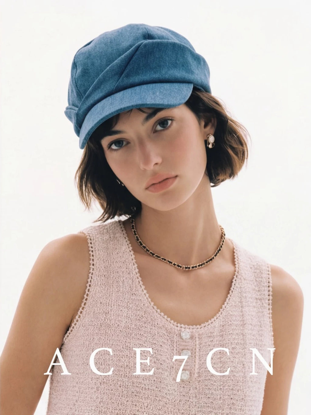 Roll-Brim Denim Newsboy Cap — ACE7CN