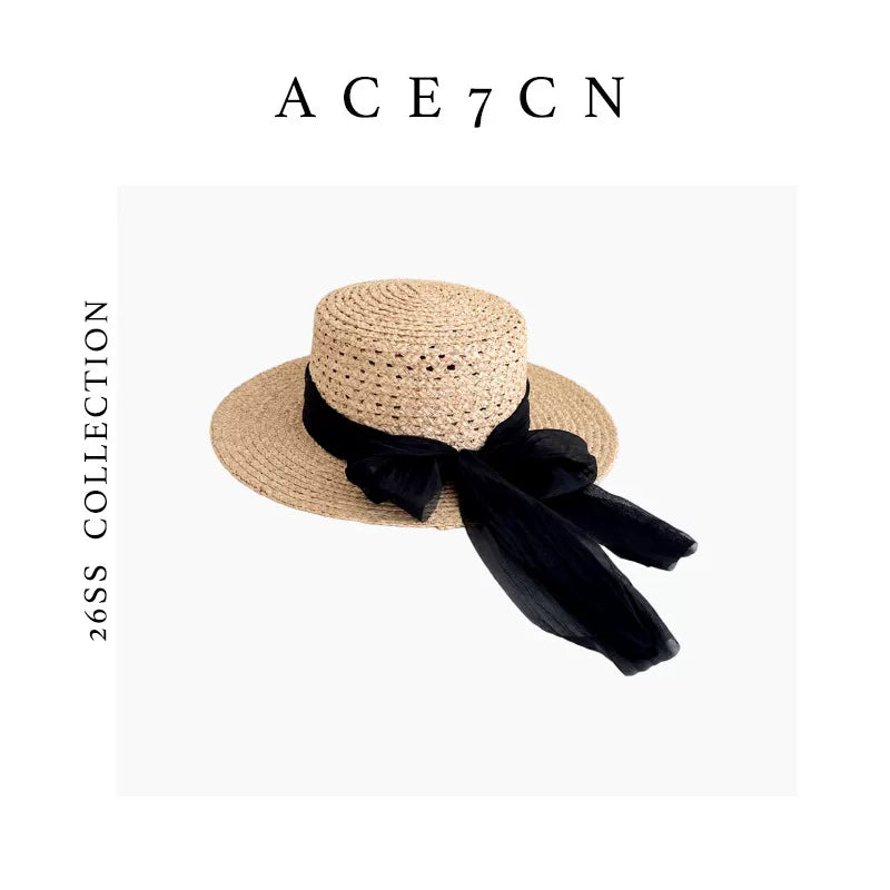 Openwork Raffia Flat-Top Boater — ACE7CN