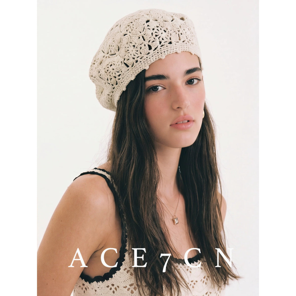 Openwork Crochet Cotton-Linen Beret — ACE7CN